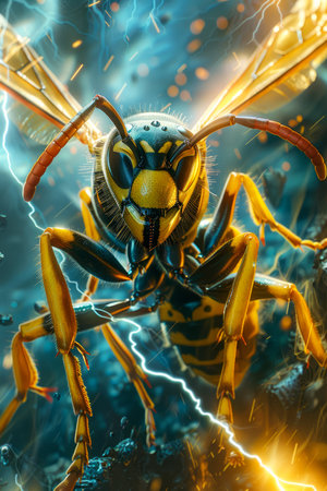 Futuristic Cybernetic Wasp with Spark Effects on a Dynamic Electric Background for Sci Fi Concepts AI Generativeの素材