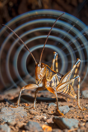 Close Up of a Vibrant Grasshopper on Ground with Bokeh Light Circles in the Background AI Generativeの素材