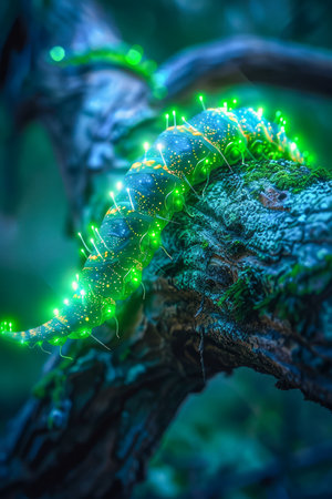 Enchanting Bioluminescent Fireflies on a Mystical Forest Branch at Twilight AI Generativeの素材