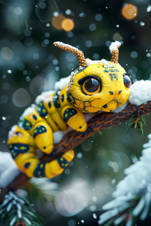 Vibrant Yellow Caterpillar with Blue Spots on a Branch during Winter Snowfall, Nature Wildlife Macro Photography AI Generativeの素材