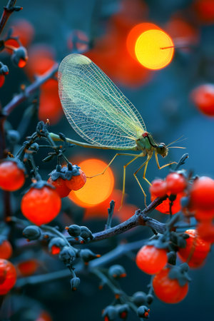 Macro Shot of Delicate Lacewing Insect Perched on Vibrant Red Berries with Soft Bokeh Lights Background AI Generativeの素材