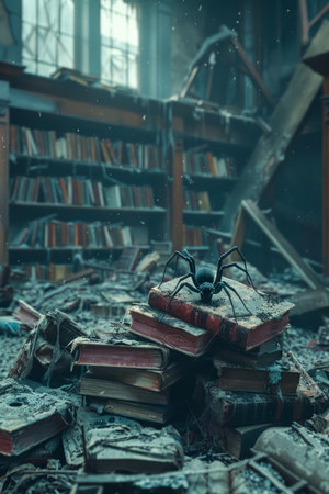 Mysterious Abandoned Library Scene with Ancient Books and Large Spider Cobweb filled Dusty Interior AI Generativeの素材