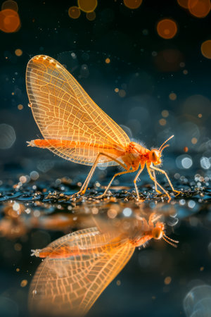 Macro Photography of a Single Delicate Mayfly with Transparent Wings on Reflective Surface with Bokeh Lights AI Generativeの素材