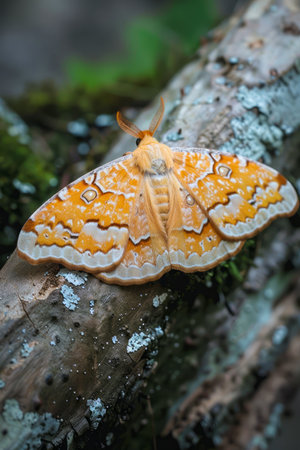 Vibrant Yellow and Brown Patterned Moth Resting on a Bark in Natural Habitat AI Generativeの素材