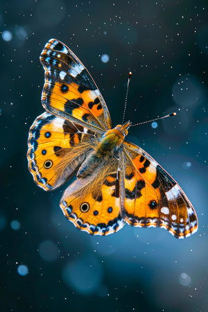 Vibrant Orange and Black Painted Lady Butterfly against a Starry Blue Background AI Generativeの素材