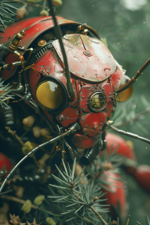 Futuristic Red Robot Head with Advanced Optics in Nature Sci Fi Concept Art with Vivid Detail and Artistic Flair AI Generativeの素材