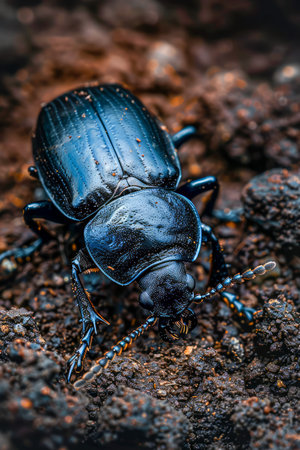 Close up of a Shiny Black Beetle Crawling on Moist Soil with Vibrant Detail and Textures AI Generativeの素材