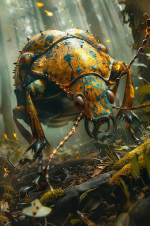 Majestic Mechanical Beetle Concept Art in Enchanted Forest, Digital Illustration of Futuristic Insect Design with Detailed Texture and Mystic Atmosphere AI Generativeの素材