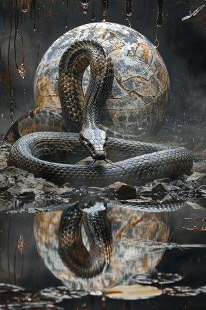 Majestic Black Snake Coiled with Reflections on Water Surface in a Dark Mysterious Setting AI Generativeの素材