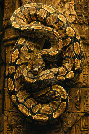 Intricate Python Snake Coiled with Hieroglyphics Background in Earthy Tones, Exotic Wildlife Concept AI Generativeの素材