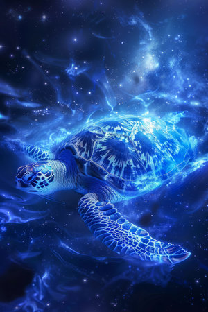 Majestic Sea Turtle Glowing in Deep Blue Cosmic Ocean, Underwater Marine Life Fantasy Illustration AI Generativeの素材