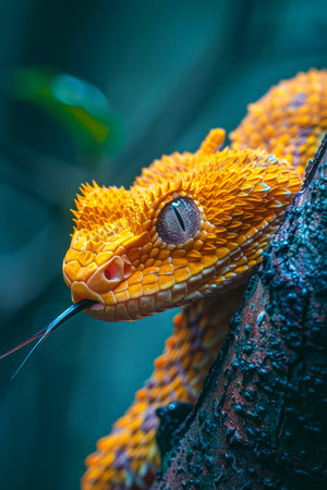 Vibrant Orange Eyelash Viper on Tree Branch with Textured Scales and Intense Gaze in Vivid Wildlife Photography AI Generativeの素材