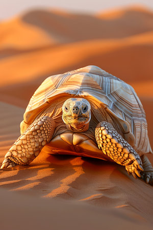 Majestic Tortoise Traversing Sandy Dunes at Sunset with Golden Light Reflecting on Its Shell AI Generativeの素材
