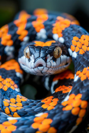 Close up of Colorful Scales and Eyes of a Vibrant Snake in Natural Habitat AI Generativeの素材
