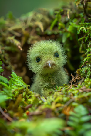 Cute Parrot Chick Peeking Out from Lush Green Moss in a Vibrant Tropical Forest Setting, Exuding Natural Innocence and the Wonder of Wildlife AI Generativeの素材