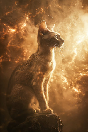 Majestic Cat Posed Regally on a Stump With Dramatic Golden Light and Ethereal Smoke, Feline Elegance and Mystery Concept AI Generativeの素材