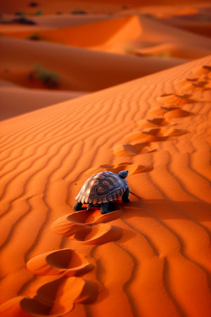 Solitary Tortoise Traversing Vast Sandy Dunes in Warm Desert Landscape Under Sunset Glow AI Generativeの素材