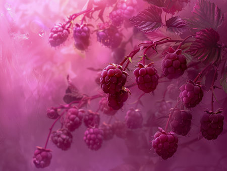 Dreamy Raspberry Delight Vibrant Pink Toned Berries with Mystical Foggy Background in High Resolution AI Generativeの素材