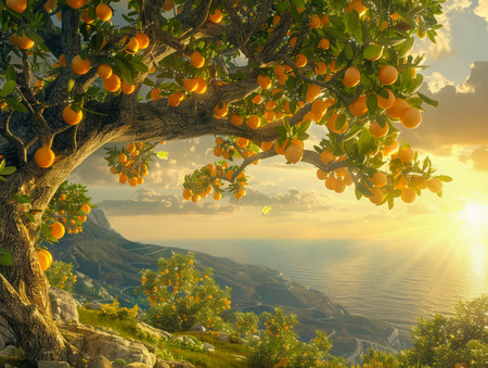 Majestic Sunset View Through an Orange Tree Overlooking the Sea on a Cliff Edge AI Generativeの素材