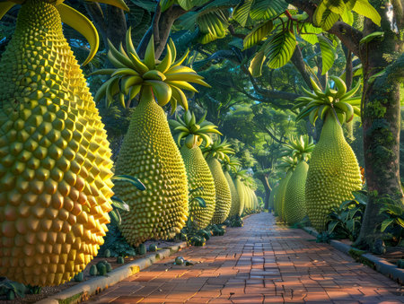 Enchanted Tropical Garden with Giant Ripened Jackfruits Hanging from Trees on a Sunlit Pathway in Lush Forest AI Generativeの素材