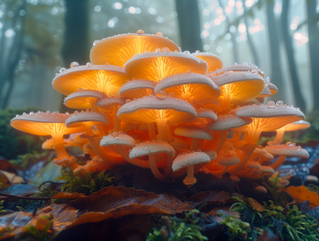 Enchanting Cluster of Glowing Mushrooms Illuminated in Misty Forest at Twilight AI Generativeの素材