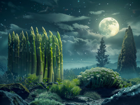 Enchanting Moonlit Night Landscape with Lush Greenery and Serene Forest Ambiance AI Generativeの素材