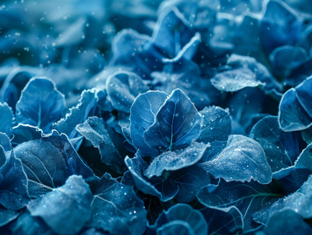 Frosty Blue Leaves Background in Cold Winter Light with Ice Crystals Detail AI Generativeの素材
