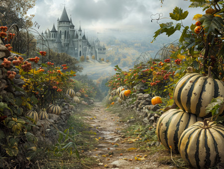 Enchanted Autumn Castle Landscape with Pumpkins Along a Misty Pathway Surrounded by Fall Foliage AI Generativeの素材