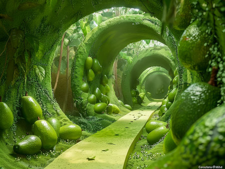 Enchanted Forest Pathway Surrounded by Lush Green Vegetation and Mysterious Tunnels Fantasy Landscape Concept AI Generativeの素材