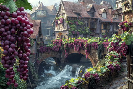 Enchanting Medieval European Town with Grapes Over Water Canal, Historical Buildings and Greenery AI Generativeの素材