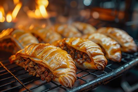Fresh Golden Croissants on Wire Rack with Blazing Fire in Background in Artisan Bakery AI Generativeの素材