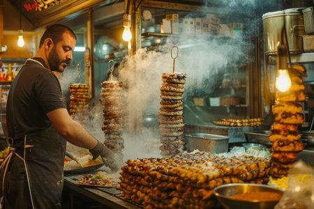 Chef Preparing Traditional Middle Eastern Shawarma at a Street Food Stall Surrounded by Steam AI Generativeの素材