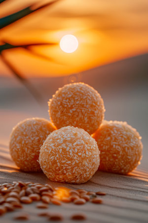 Golden Hour Splendor with Sesame Seed Balls on Wooden Surface, Tranquil Sunset Ambiance AI Generativeの素材