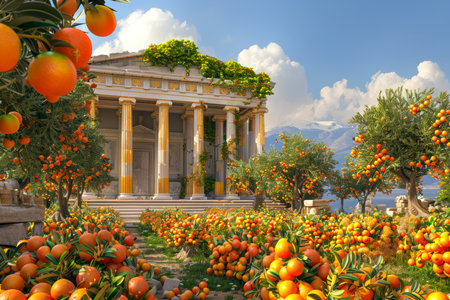 Idyllic Mediterranean Landscape with Orange Trees and Ancient Greek Temple Under Sunny Blue Sky AI Generativeの素材