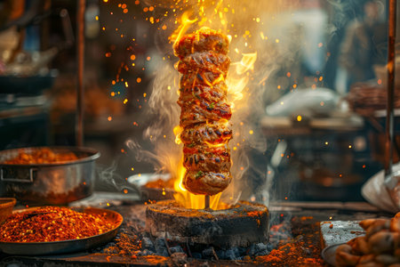 Sizzling Street Food Delicacy with Flames and Sparks at an Outdoor Market Stall AI Generativeの素材