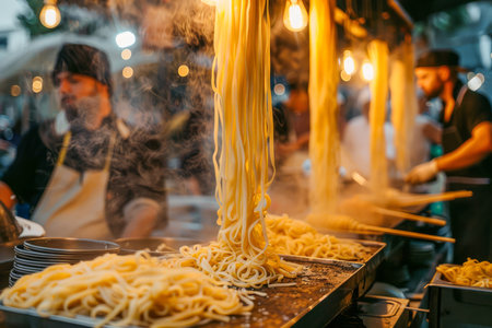 Chefs Preparing Fresh Handmade Pasta at a Busy Street Food Market Stall at Night with Steam and Lights AI Generativeの素材