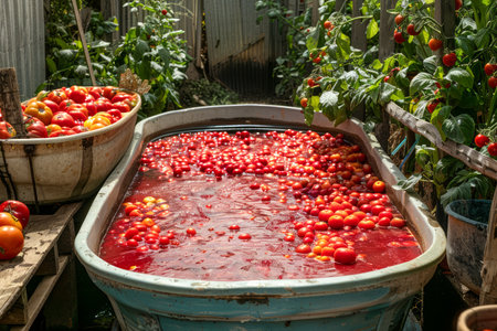 Traditional Home Made Tomato Sauce Preparation in Rustic Outdoor Setting with Ripe Tomatoes AI Generativeの素材
