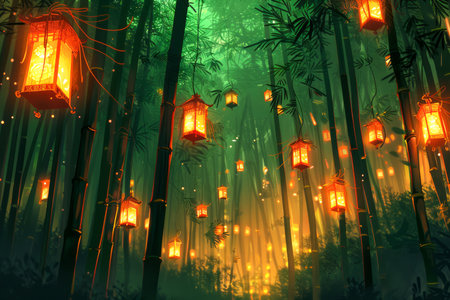 Mystical Forest with Glowing Lanterns Amidst Dense Fog and Lush Greenery for Enchanted Backgrounds AI Generativeの素材