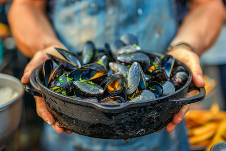 Chef Holding Fresh Cooked Mussels in a Black Pan with Herbs, Seafood Restaurant Concept AI Generativeの素材