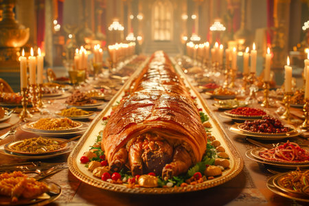Lavish Feast Banquet Table Setting with Succulent Roasted Pork Centerpiece, Elegant Dining Room Decor, Grandiose Candlelight Ambiance for Gala Events, Parties, and Celebrations AI Generativeの素材