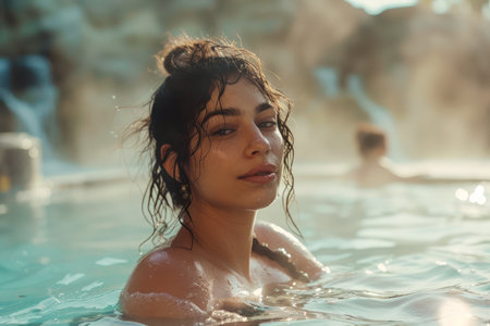 Young Woman Enjoying Serene Moment in Sunlit Outdoor Thermal Pool with Natural Backdrop AI Generativeの素材
