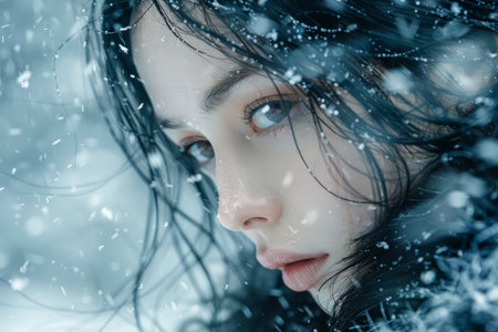 Portrait of a Young Woman Gazing Intently with Snowflakes Adorning Her Dark Hair in a Winter Wonderland AI Generativeの素材