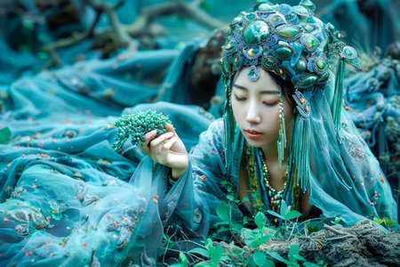 Enchanting Forest Nymph in Mythical Attire Posing in Ethereal Woodland Setting, Mystical and Fantasy Inspired Scene with Vivid Colors AI Generativeの素材