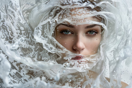 Close up Portrait of Woman with Dramatic Expression Through Textured Glass with Swirling Soap Suds AI Generativeの素材