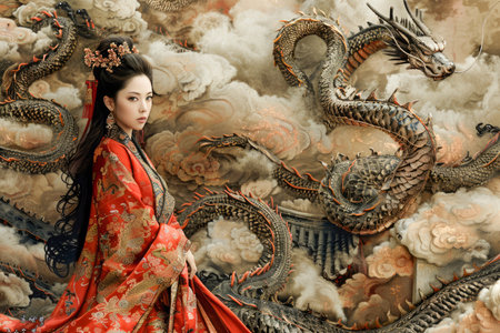 Elegant Asian Woman in Traditional Red Dress with Dragon Motif in Mythical Cloudscape Background AI Generativeの素材