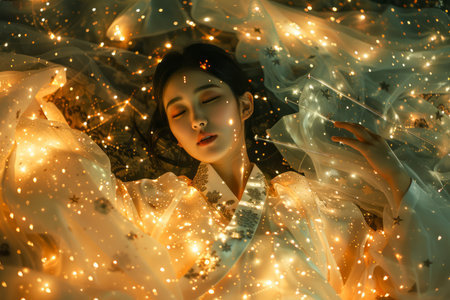 Enchanting Woman Surrounded by Twinkling Lights with a Magical Glow in Ethereal Setting AI Generativeの素材