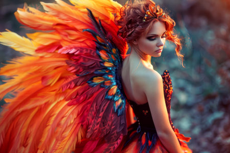 Ethereal Woman with Vibrant Phoenix Wings in Fantasy Autumn Forest AI Generativeの素材