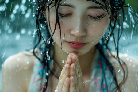 Serene Young Woman Enjoying Raindrops on Skin with Closed Eyes and Peaceful Expression Outdoors AI Generativeの素材