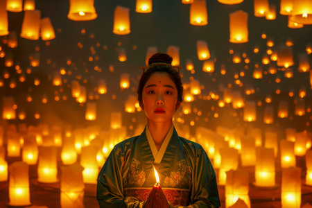 Enchanting Young Woman in Traditional Attire at Magical Lantern Festival with Glowing Lights AI Generativeの素材