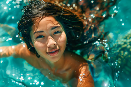 Young Woman Enjoying Summertime Swim, Splashing Water in Sunlit Pool, Leisure Outdoor Activity AI Generativeの素材